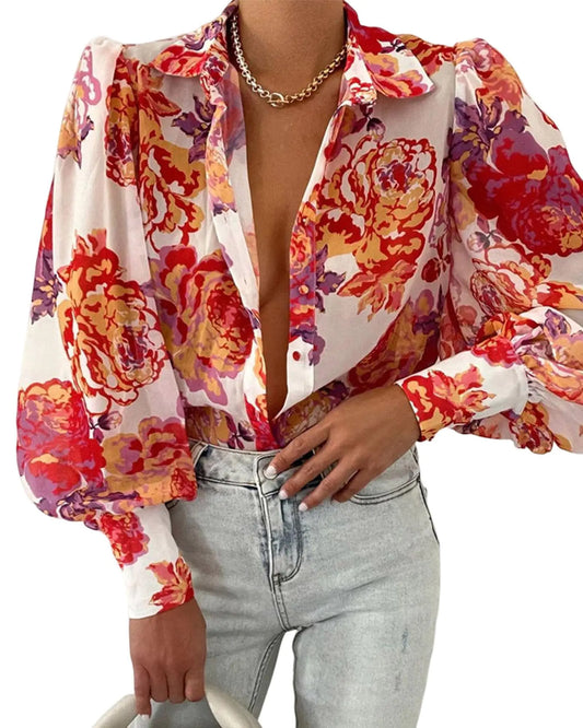 BTFBM Women Fashion Button Down Shirts Lapel V Neck Printed Solid Boho Long Sleeve Blouses Dressy Casual Summer Fall Top X-Large Floral White Red