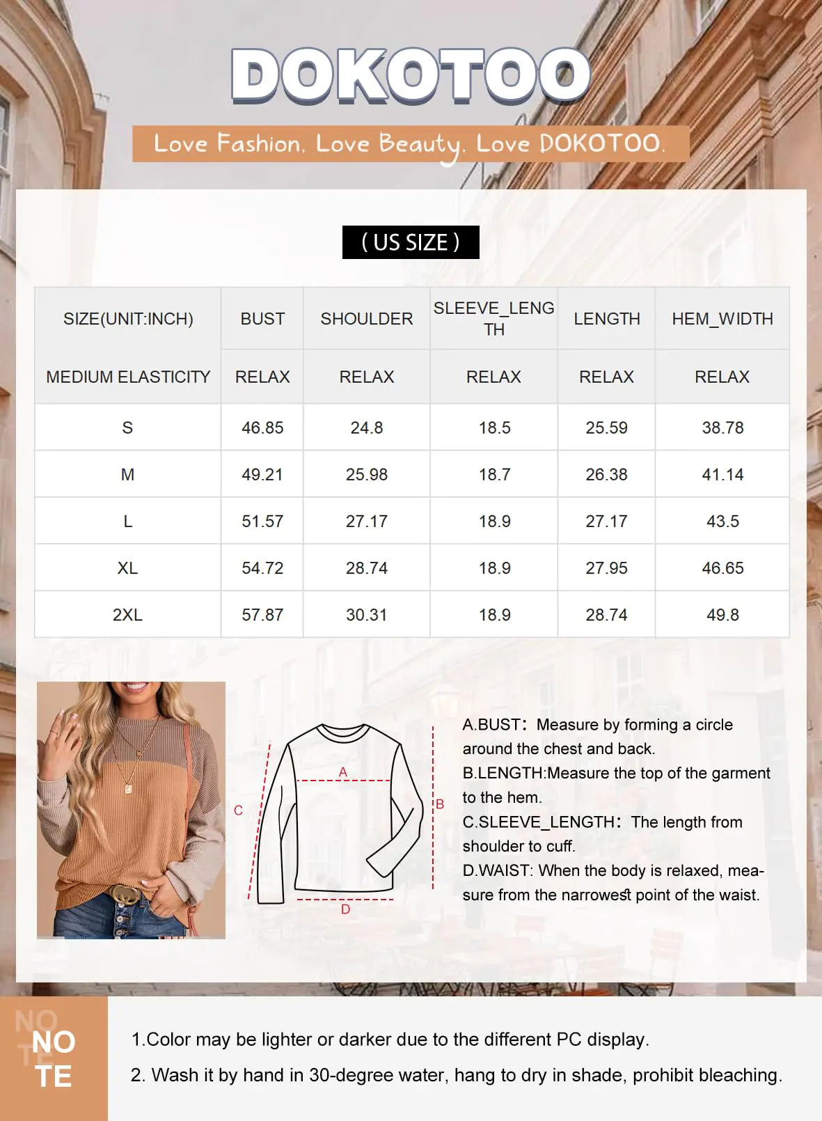 Dokotoo Womens Fashion 2024 Color Block Long Sleeve Crewneck Knitted Casual Loose Pullover Shirts Tops Camel Large