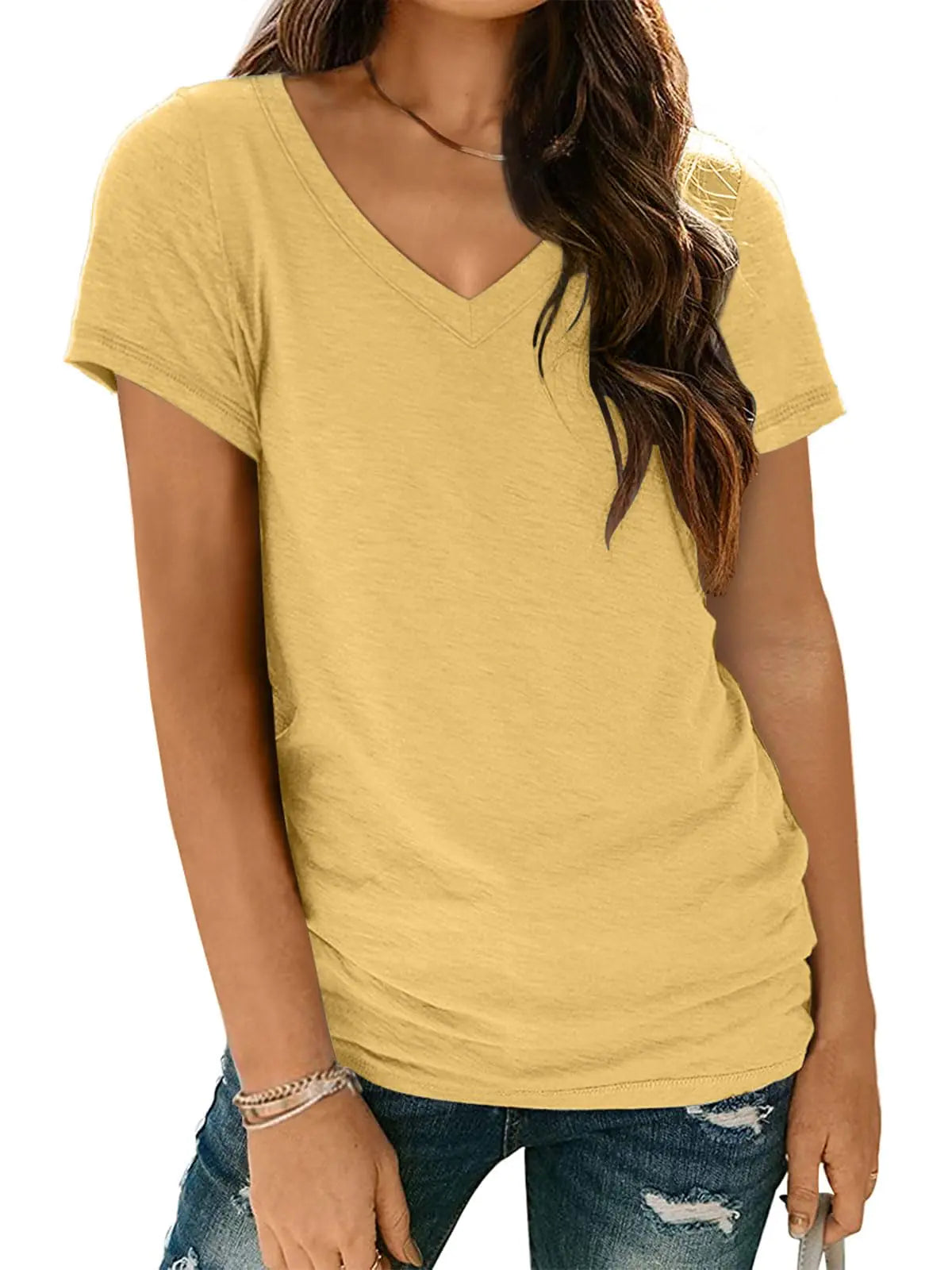 AUTOMET T Shirts Short Sleeve V Neck Tees for Women Fashion Tops Trendy Lightweight Soft Casual Summer Outfits Clothes 2024 Yellow Small