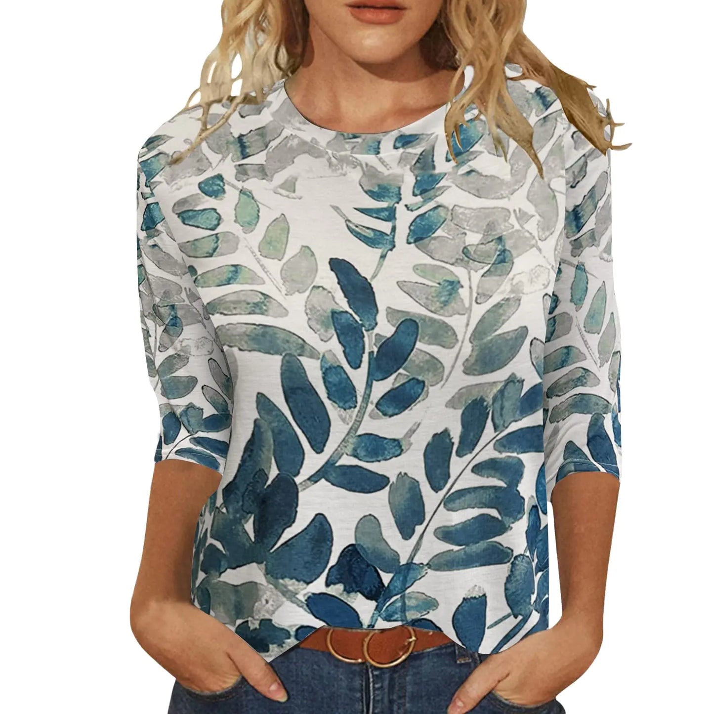 Womens Tops 3/4 Sleeve Shirts Round Neck Loose Casual Blouses Floral Print Tshirts X-Large White Blue Leaf