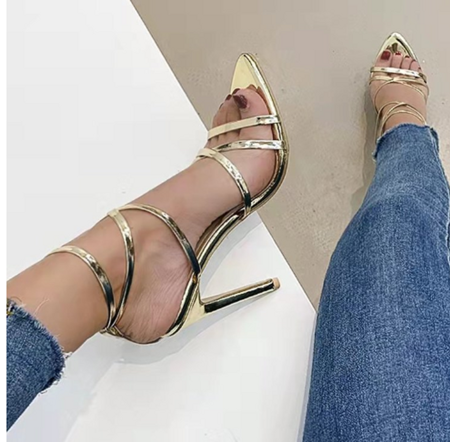 Women's Gold Cross Strap Pointed Toe Stiletto Heels