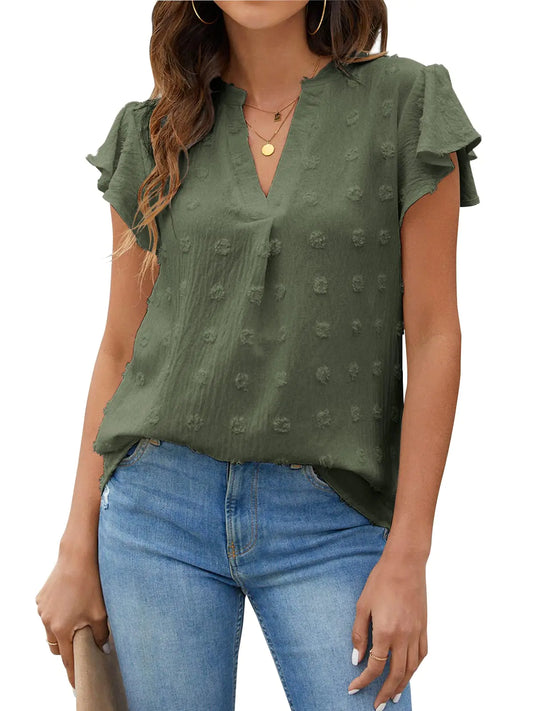 Blooming Jelly Womens White Blouse V Neck Ruffle Sleeve Flowy Shirts Dressy Casual Cute Summer Tops Medium Army Green