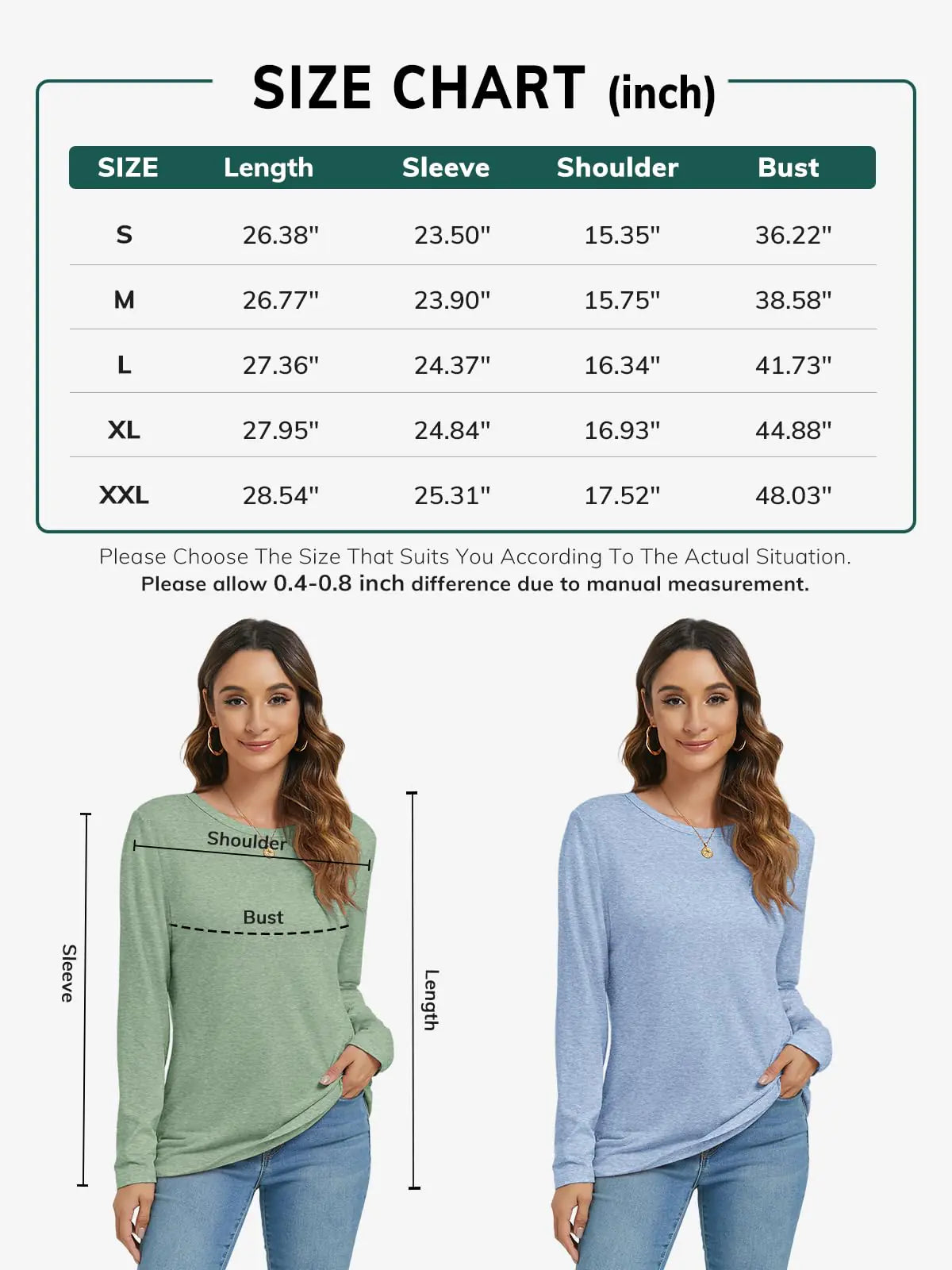 ATHMILE Womens Long Sleeve Round Neck Shirts Basic Tee Casual Top Fall Trendy Tunic Outfits Fitted T Shirts X-Large Lake Green