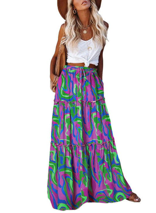 EARKOHA Womens Casual High Waist Tie Paisley Print Long Maxi Skirt with Pockets Purple Green XX-Large