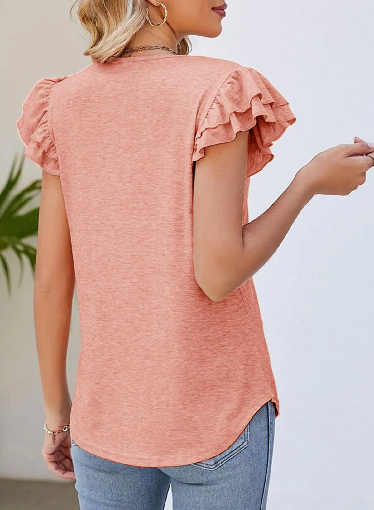 Dokotoo Women's Casual Ruffle Short Sleeve Tops Cute Solid Color Knit Ribbed T Shirts Blouses Small Peach Blossom