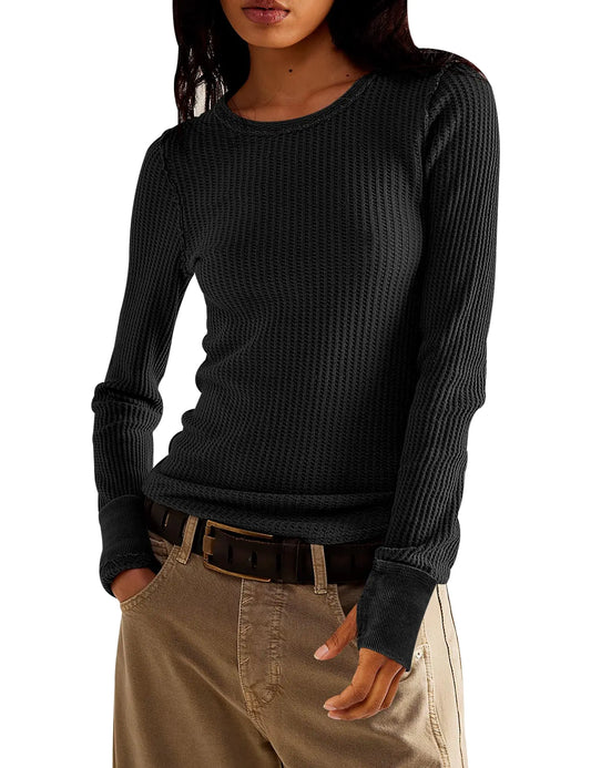 Women's Waffle Knit Tops Long Sleeve Shirts Casual Slim Fitted Crew Neck Pullover Shirts X-Large Black