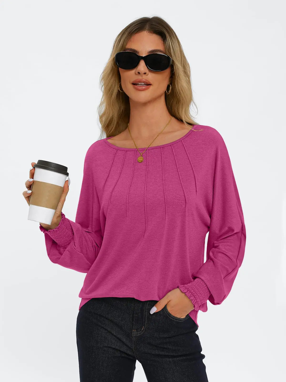 AUTOMET Womens Fall Fashion Long Sleeve Shirts Fall Tops Pleated Shirts Casual Loose Dressy Basic Trendy Clothes 2024 Hot Pink Large