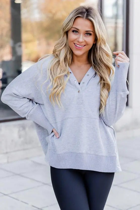 AlvaQ Women Casual Button V Neck Hoodies Oversized Pullover Sweatshirt Hooded Tops with Pockets Light Gray XX-Large