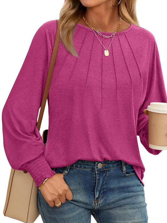 AUTOMET Womens Fall Fashion Long Sleeve Shirts Fall Tops Pleated Shirts Casual Loose Dressy Basic Trendy Clothes 2024 Hot Pink Large