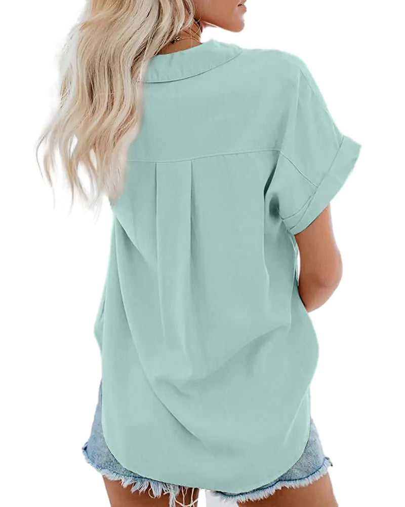 Womens Short Sleeve Casual Button Down Shirts Summer Soft Fashion Cotton Blouses Tops with Pocket Small Teal