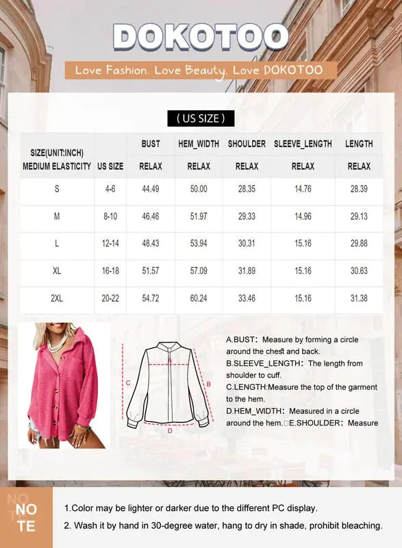 Dokotoo Womens Waffle Knit Shacket Jacket Casual Long Sleeve Button Down Shirts Dressy Blouses Tops Large Pink 1