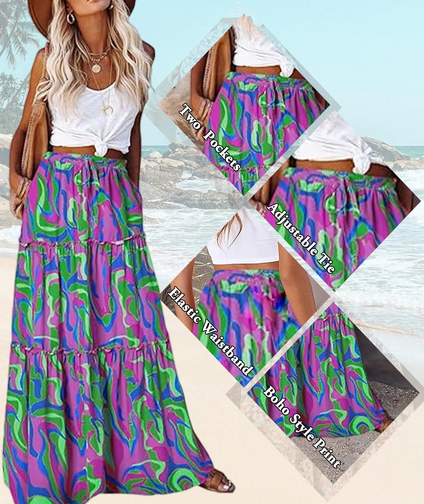 EARKOHA Womens Casual High Waist Tie Paisley Print Long Maxi Skirt with Pockets Purple Green XX-Large